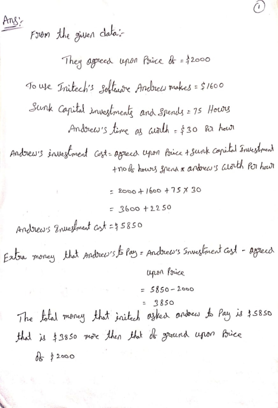 And from the given data: They agreed upon Price of = $2000 To use Initechs software Andrew makes = $1600 Sunk Capital invest