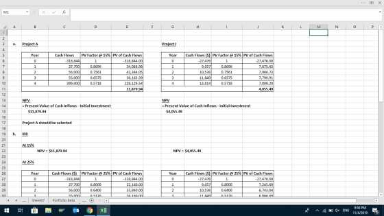 mi : x v fx A B C D E F G H I J K M N O P A 2 3 a. Project A Project 1 Year Year O Cash Flows PV Factor @ 15% PV of Cash Flow