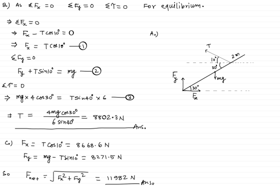 B.) As E Fx = 0 < Fy = 0 ET0 For equilibrium. → EFx = 0 * Fc I costo = 0 A.) 0 T R E = T COslo {fy = Fy + T Sinloº = =0 2m 10