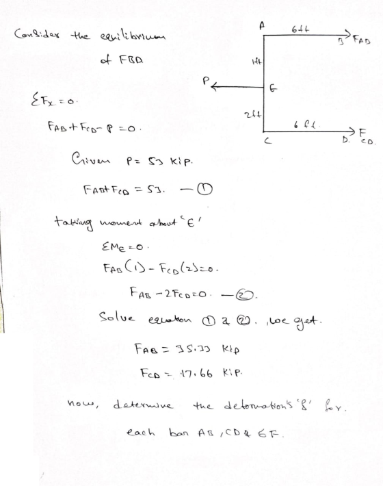 A 64€ Consider the 6th equilibriuan of FOD. FAD PK {Fx = 0 FBT Feo-p=0. Loft BĘD 6 ft. Criven P=53 kip. Fast Fca = 53. - taki