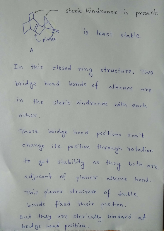 steric hindrance is present. I planer is least stable In this closed ring structure, Two bridge head bonds of alkenes are ste