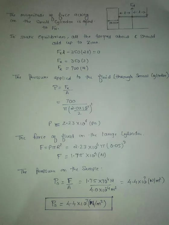 10.0 The magnitude of force acting the Small Cylinder is equal to FN- To Static equilibrium, at the orques about Should cidd