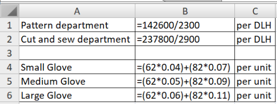 per DLH per DLH A B C 1 Pattern department =142600/2300 2 Cut and sew department =237800/2900 3 4 Small Glove =(62*0.04)+(82*