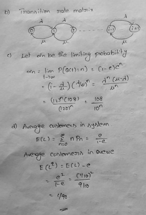 b) Transition rate matrix u c) u u wet an be the limiting probability an= lim P(Qct)=n) - Cine) en - (in ) ( n = Cound) = (12