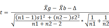 t = Xg - āb-A (n1 - 1)s12 + (n2-)s22 nl + n2 - 2 1 n1 + 1 n2