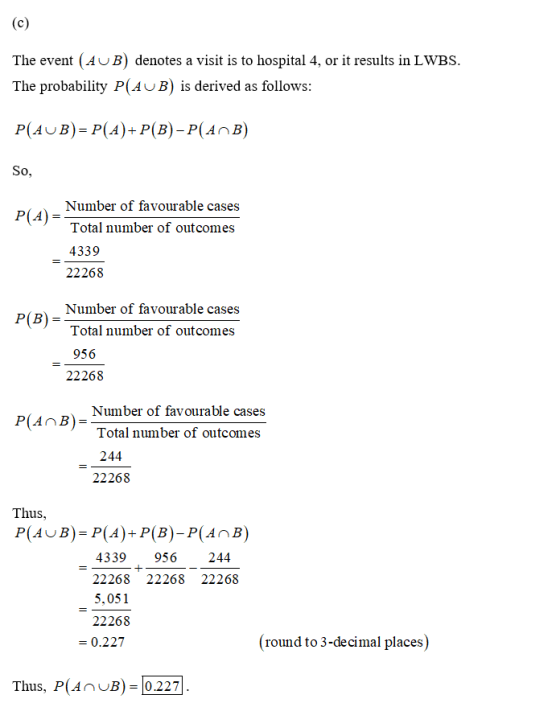 (c) The event (AUB) denotes a visit is to hospital 4, or it results in LWBS. The probability P(AUB) is derived as follows: P(