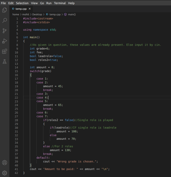 File Edit Selection View Go Run Terminal Help e Q 9 La 8 m * temp.cpp X home > mohit > Desktop > G temp.cpp > main() 1 #inclu