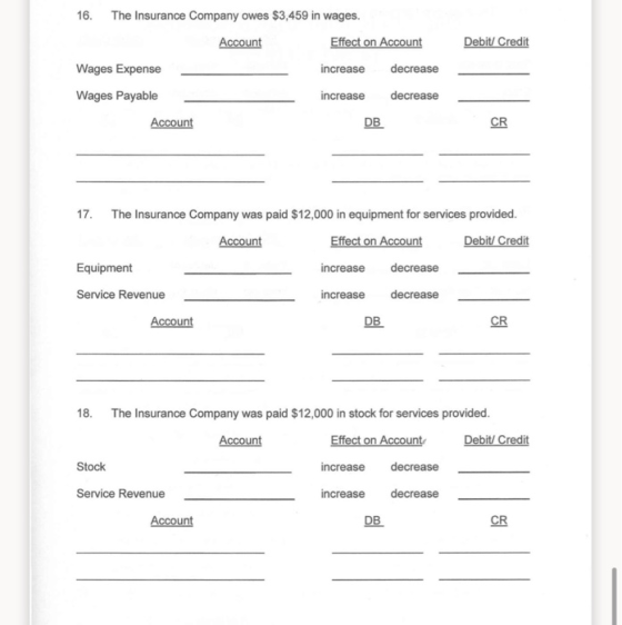 Debit/Credit 16. The Insurance Company owes $3,459 in wages. Account Effect on Account Wages Expense increase decrease Wages