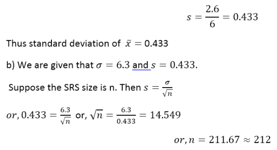2.6 - S= 0.433 6 Thus standard deviation of i = 0.433 b) We are given that o = 6.3 and s = 0.433. Suppose the SRS size is n.