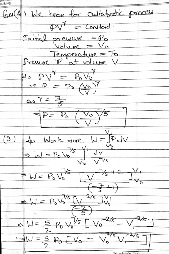 Building A(A We trow fr adiabadic poces Iniha paesure valume Temperadure Vo To Preure P at valume V PV Pa P Po aloxk done, J