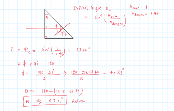 Critical hare=1 Angle sin! oc hoare denser = 1.45 hxare ndenser ỉ = 0, - sint () = 43.60 ° 1 45/ 20+ 2i = 180 DE 180-21 180-2