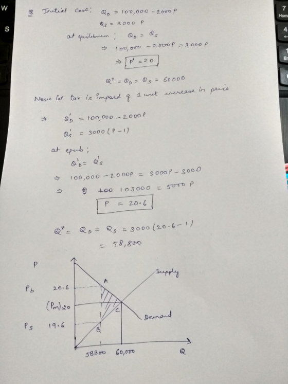 &s8000P 4 QD = 100, 000-2000 p Qs = 3000 (P-1) う 100,000-2000P= Sooof-3000 6300 (20-6-1 = 58,800 Pb 20.6 (en)2。 Ps 19.6 6, 62