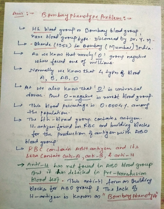 Ans: – Bombay phenotype Problem o Hh blood group of Bombay blood group, rare blood group type. Discovered by Dr. Tom- L-Bhan