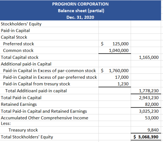 1,165,000 PROGHORN CORPORATION Balance sheet (partial) Dec. 31, 2020 Stockholders Equity Paid-in Capital Capital Stock Prefe