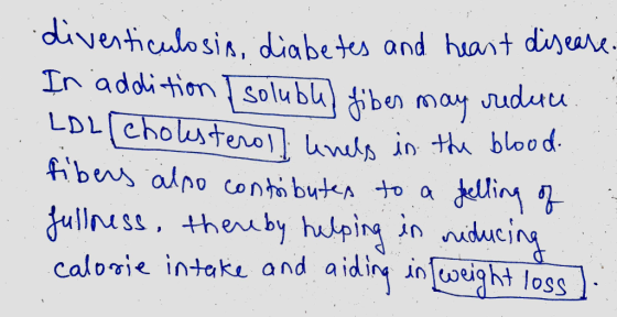 diverticulosins, diabetes and heart disease. In addition solubled fiber may reduci LDL cholesterol unels in the blood. fibers