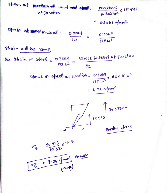 stress at peections on wood and steel atjunction 1500x1000 15:593 76.2oX106 = 0.3069 N/mm2 Strain of inwood = 0.3069 03069 E