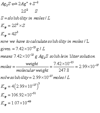 2s2 S S-slolubility in moles ! L now we have tocalculate solubility in moles / L given -742x10g/ L means 7.42x105 g Ag2S sol