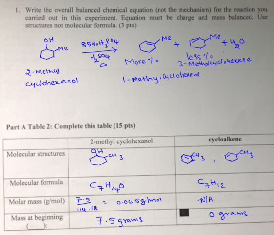 1. Write the overall balanced chemical equation (not the mechanism) for the reaction you carried out in this experiment. Equa