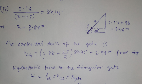 0 3.46 (a+105) = sin 400 x = 3.88m 12.540.96 2 2400 = 3.46on The centroidal depth of the gate is hea = (3.88 + 15) sin 40 = 2