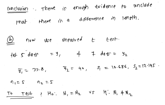 conclusion . There is enough evidence to conclude in that .. there a difference in length. now use unpaired t test. tel 5 day