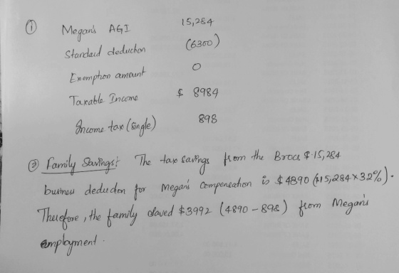 15, 284 (6360) Megans AGI Standard deduchon Exemptron amount Taxable Income Ancome tax (Single) $ 8984 898 & Family Savingst