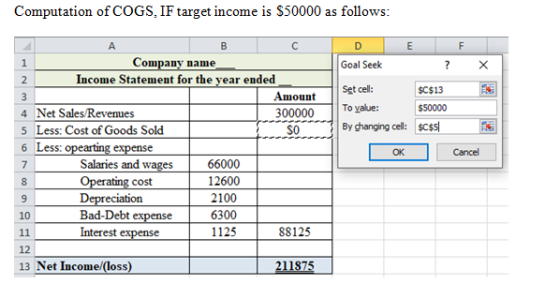 Computation of COGS, IF target income is $50000 as follows: A E F Goal Seek BC Company name 2 Income Statement for the year e