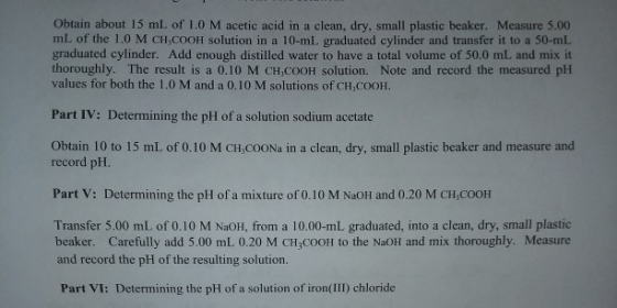 Obtain about 15 ml. of 1.0 M acetic acid in a clean, dry, small plastic beaker. Measure 5.00 mL of the 1.0 M CH,COOH solution