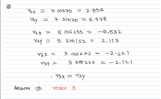 @ Vlx = 7 coso - 2.394 Vly - 7 Sinzo = 6.578 V2X = 5 COS 155 = -40532 27 = 5 siniss 2.113 N3x = 3 COS 225 -2.121 = 3 Sim 225