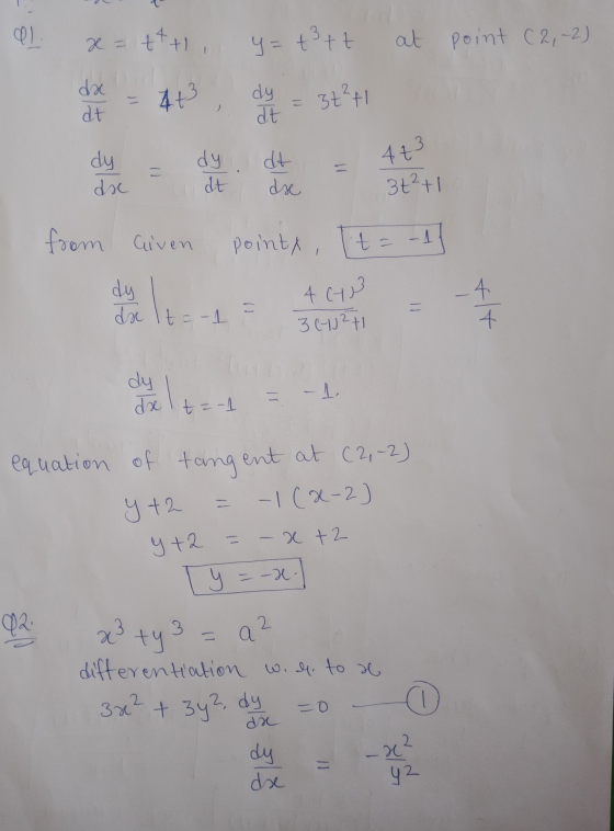 49 al x=+*+1, y = +377 at point (2, -2 de = 4t , da dy = 3+²+1 at = 4+3 doc = dy dt dre - at de - 3+²+1 from Given pointy, t=