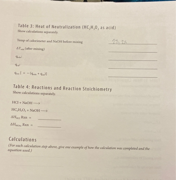 Table 3: Heat of Neutralization (HC,H,O, as acid) Show calculations separately. Temp of calorimeter and NaOH before mixing 13