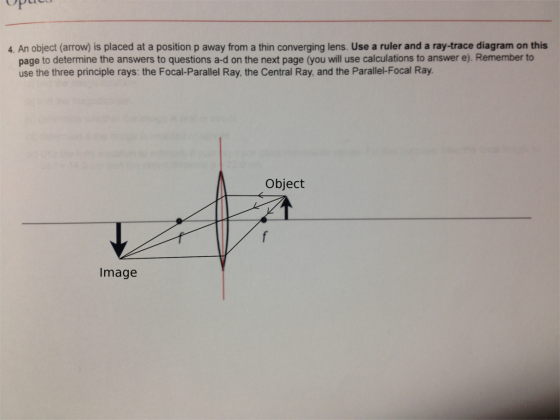 4. An object (arrow) is placed at a position p away from a thin converging lens. Use a ruler and a ray-trace diagram on this