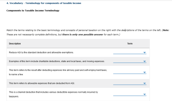 4. Vocabulary - Terminology for components of taxable income Components to Taxable Income Terminology Match the terms relatin