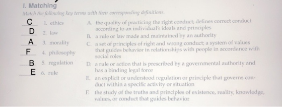 1. Matching Match the following key terms with their corresponding definitions. 1. ethics A. the quality of practicing the ri