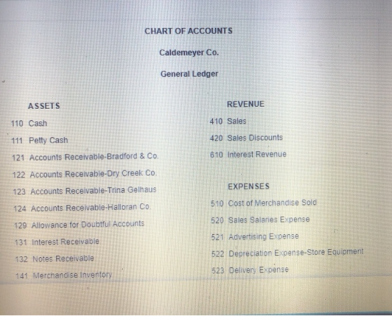CHART OF ACCOUNTS Caldemeyer Co. General Ledger REVENUE 410 Sales 420 Sales Discounts 610 Interest Revenue ASSETS 110 Cash 11