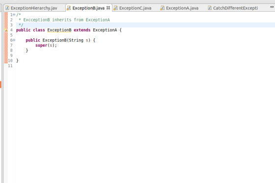 Exceptionc.java ExceptionA.java D CatchDifferentExcepti - ExceptionHierarchy.jav ExceptionB.java 83 10/* 2 * Excceptions inhe