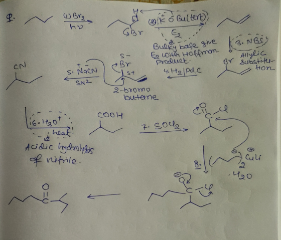 O Bra QIK o Bulten) Ger NBS) Allylic CN S- Br st Es with Hoffman product. 4.H2|Pd, c Br substiter- S. NOCN SNA 2-bromo butane