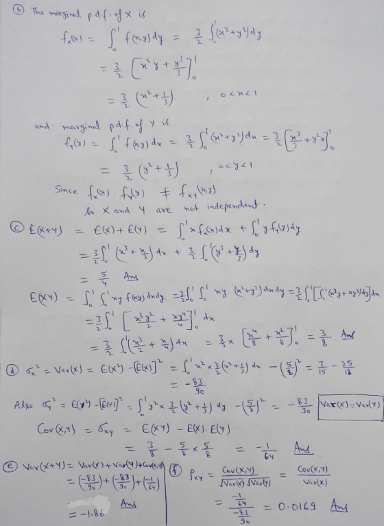 ③ The marginal p.dif. of x is falu = sfmosdy = f(x?tygody =} (x+) oxuc and marginal p.d.f. of y is fo(t) = (ffy) dx = 3 x +