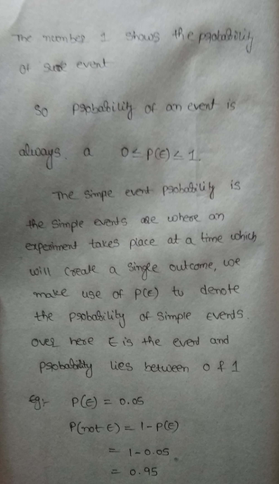 The membes 1 Shows the prololol, of an event So probability of an event is always a 02 P(E) 21. The simple event probability