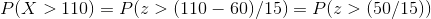 P(X>110) = P(z>(110-60)/15) = P(z>(50/15))
