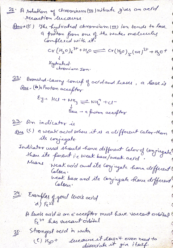 21 A solution of chromium (II) nitrate gives an acid reaction because Any (E) The hydrated chromium (1) ion tends to lose a p