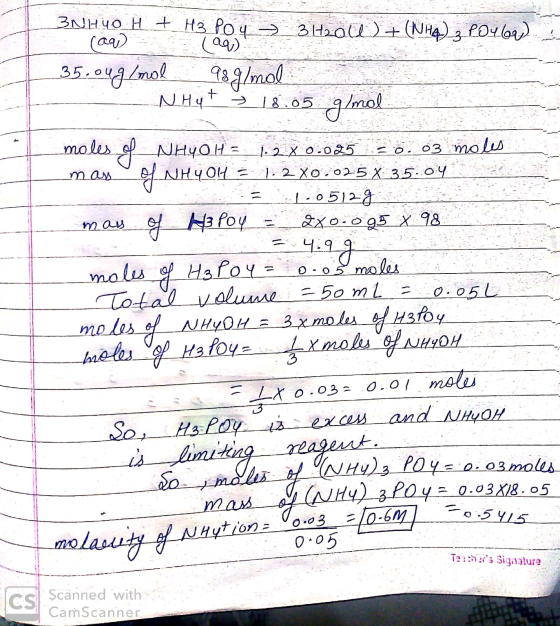 3NHYO H7 H3 Pou 3 H2ou + (NHA 3 Pouby - lagi) (29) 35.oug/mol 98 g/mol NH4t 18.05 g/mol moles of NHYOH=: 1.2 X 0.025 -0.03 mo