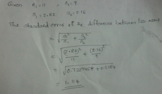 Giver 1=11 , 1 2 S-2.82 S 2:16 standard erros of the difference between two means The 2-82)(2-16) 10.7229454 + 0-5184 = 1. 11