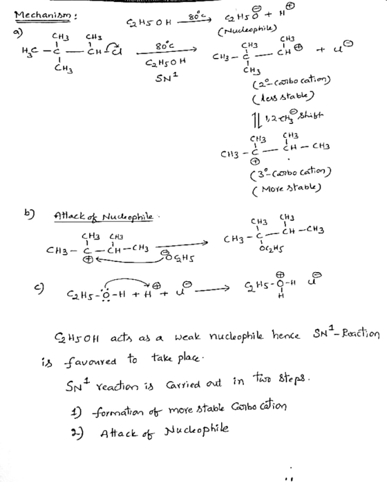 Mechanism: *50H _Kos, sh5+ @ (Nucleophile) CH3 CH3 CH3 Сн- CHO 80°c C₂H5OH CH₃-d CH B tuo CH, SNI (20 carbocation) (less sta