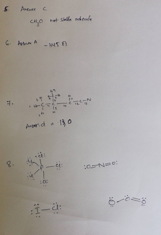 5. Answer a CHO not stable molecule 6. Assuar A -345 II BH C-N 12 13 Ho Cyc. Auger.d & 13,0 8. à OSN=0 0N- Hi