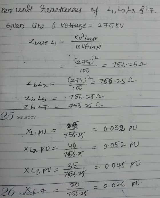 per unit reactances reactances of of 4, 22, 23 & 27. Given line a voltage = = 275KV Ku base Z base = muA base (6752 = 756.252
