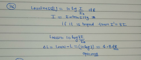Loudnessli = I= . lo log I dB Io Intensity a if it is torphed then I3 I Lhew= 10 logat AL = Inew-L = (10 log 3) = 4.8dB Opti