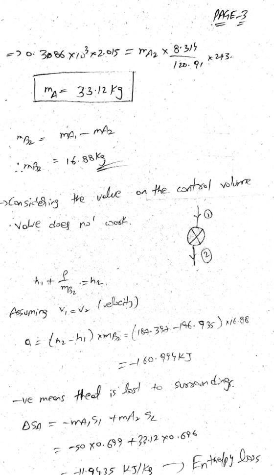 PAGE 3 =) 0:3086 X73?_2.015 = M12 x 8314 120.91 * 243 MA= 3312kg MA2 mBz MA imiz 16.88 Kg on the control volume - Considerin