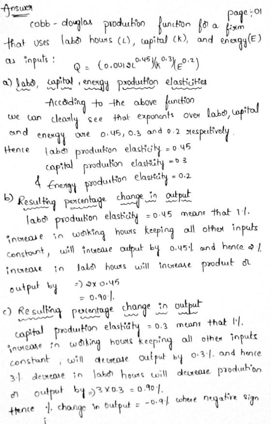 page-01 see and oure 0.45, 0.3 and 0.2 Hence = 0 3 = 0.2 Answeg cobb- douglas production function for a fixm that uses labor