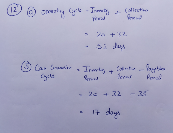 12 a) operating cycle - Inventory + Collection Period Period 20 +32 a 52 days 5) Cash Conversion 6 Cycle 2 Inventory + Collec