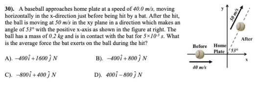 /s m 50 30). A baseball approaches home plate at a speed of 40.0 m/s, moving horizontally in the x-direction just before bein